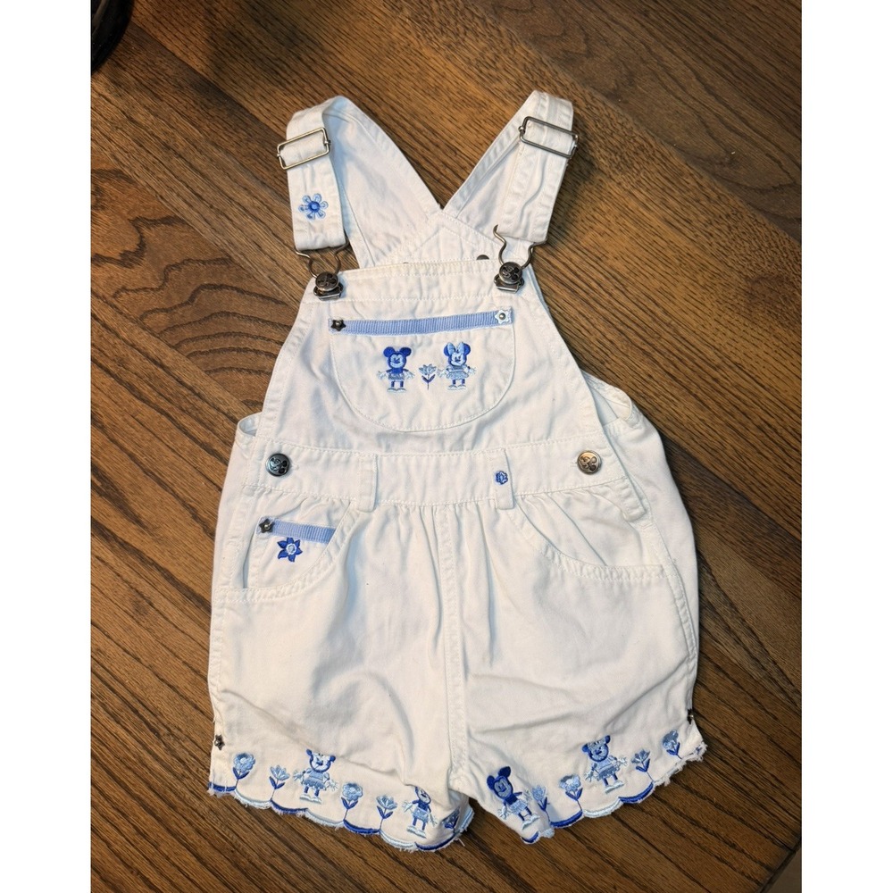 Disney Mickey Minnie Mouse White Denim Overalls Shortalls Baby 12M Y2K Vintage